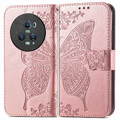 Leather Case Stands Butterfly Flip Cover Holder for Huawei Honor Magic5 Pro 5G Rose Gold