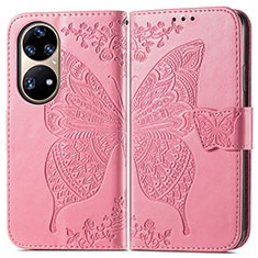 Leather Case Stands Butterfly Flip Cover Holder for Huawei P50 Pro Hot Pink