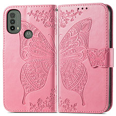 Leather Case Stands Butterfly Flip Cover Holder for Motorola Moto E30 Hot Pink