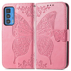 Leather Case Stands Butterfly Flip Cover Holder for Motorola Moto Edge 20 Pro 5G Hot Pink