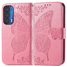 Leather Case Stands Butterfly Flip Cover Holder for Motorola Moto Edge (2021) 5G Hot Pink