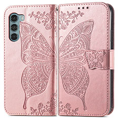 Leather Case Stands Butterfly Flip Cover Holder for Motorola Moto G200 5G Pink