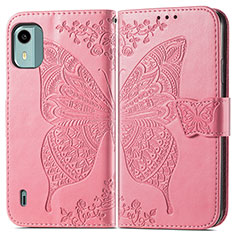 Leather Case Stands Butterfly Flip Cover Holder for Nokia C12 Hot Pink