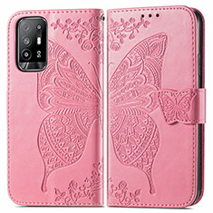 Leather Case Stands Butterfly Flip Cover Holder for Oppo F19 Pro+ Plus 5G Hot Pink