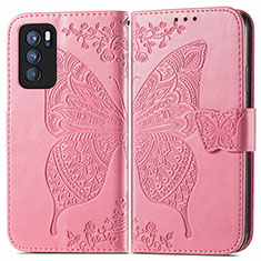 Leather Case Stands Butterfly Flip Cover Holder for Oppo Reno6 Pro 5G India Hot Pink