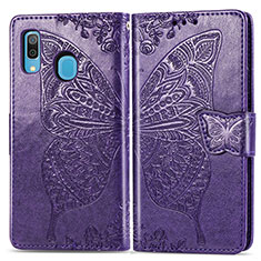 Leather Case Stands Butterfly Flip Cover Holder for Samsung Galaxy A20 Purple