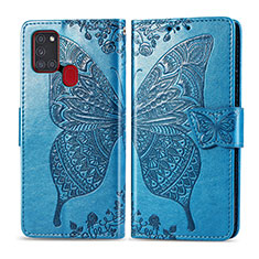 Leather Case Stands Butterfly Flip Cover Holder for Samsung Galaxy A21s Blue