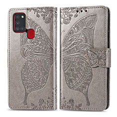 Leather Case Stands Butterfly Flip Cover Holder for Samsung Galaxy A21s Gray