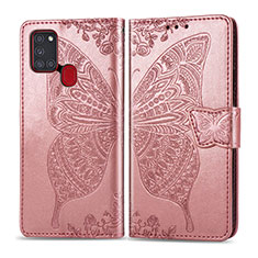 Leather Case Stands Butterfly Flip Cover Holder for Samsung Galaxy A21s Pink