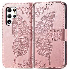 Leather Case Stands Butterfly Flip Cover Holder for Samsung Galaxy S21 Ultra 5G Pink
