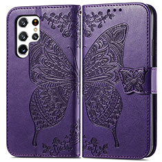 Leather Case Stands Butterfly Flip Cover Holder for Samsung Galaxy S21 Ultra 5G Purple