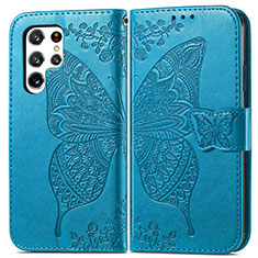 Leather Case Stands Butterfly Flip Cover Holder for Samsung Galaxy S22 Ultra 5G Blue