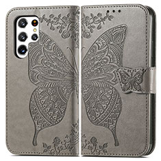 Leather Case Stands Butterfly Flip Cover Holder for Samsung Galaxy S22 Ultra 5G Gray