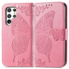 Leather Case Stands Butterfly Flip Cover Holder for Samsung Galaxy S24 Ultra 5G Hot Pink