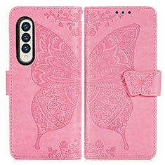 Leather Case Stands Butterfly Flip Cover Holder for Samsung Galaxy Z Fold3 5G Hot Pink
