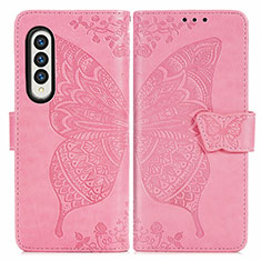 Leather Case Stands Butterfly Flip Cover Holder for Samsung Galaxy Z Fold4 5G Hot Pink