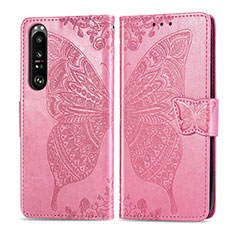 Leather Case Stands Butterfly Flip Cover Holder for Sony Xperia 1 III Hot Pink