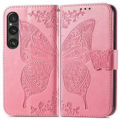 Leather Case Stands Butterfly Flip Cover Holder for Sony Xperia 1 V Hot Pink
