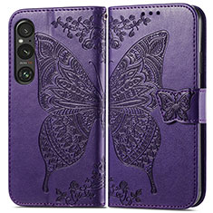 Leather Case Stands Butterfly Flip Cover Holder for Sony Xperia 1 V Purple