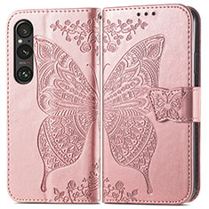 Leather Case Stands Butterfly Flip Cover Holder for Sony Xperia 1 V Rose Gold