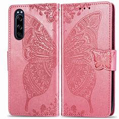 Leather Case Stands Butterfly Flip Cover Holder for Sony Xperia 5 Hot Pink