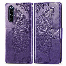 Leather Case Stands Butterfly Flip Cover Holder for Sony Xperia 5 Purple