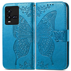 Leather Case Stands Butterfly Flip Cover Holder for Vivo iQOO 10 5G Blue