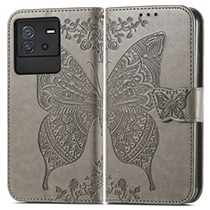 Leather Case Stands Butterfly Flip Cover Holder for Vivo iQOO Neo6 5G Gray