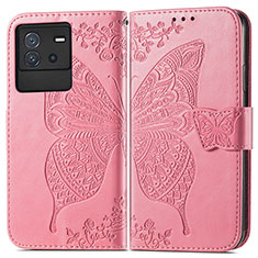 Leather Case Stands Butterfly Flip Cover Holder for Vivo iQOO Neo6 5G Hot Pink