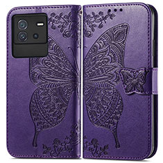 Leather Case Stands Butterfly Flip Cover Holder for Vivo iQOO Neo6 5G Purple