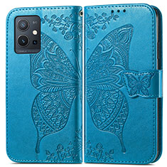 Leather Case Stands Butterfly Flip Cover Holder for Vivo iQOO Z6 5G Blue