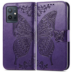 Leather Case Stands Butterfly Flip Cover Holder for Vivo iQOO Z6 5G Purple
