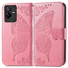 Leather Case Stands Butterfly Flip Cover Holder for Vivo iQOO Z6x Hot Pink
