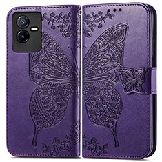 Leather Case Stands Butterfly Flip Cover Holder for Vivo iQOO Z6x Purple