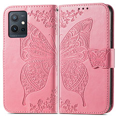 Leather Case Stands Butterfly Flip Cover Holder for Vivo T1 5G India Hot Pink