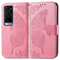 Leather Case Stands Butterfly Flip Cover Holder for Vivo X60 Pro+ Plus 5G Hot Pink