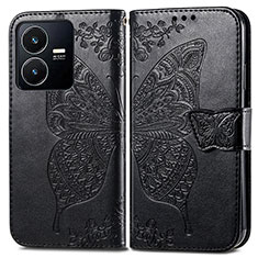 Leather Case Stands Butterfly Flip Cover Holder for Vivo Y22 Black