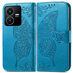 Leather Case Stands Butterfly Flip Cover Holder for Vivo Y22 Blue