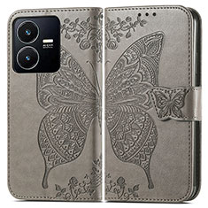 Leather Case Stands Butterfly Flip Cover Holder for Vivo Y22 Gray