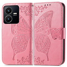 Leather Case Stands Butterfly Flip Cover Holder for Vivo Y22 Hot Pink