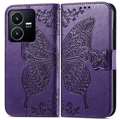 Leather Case Stands Butterfly Flip Cover Holder for Vivo Y22 Purple