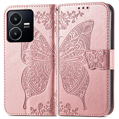 Leather Case Stands Butterfly Flip Cover Holder for Vivo Y22s Pink