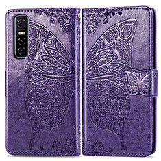 Leather Case Stands Butterfly Flip Cover Holder for Vivo Y73s 5G Purple