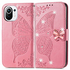 Leather Case Stands Butterfly Flip Cover Holder for Xiaomi Mi 11 5G Hot Pink