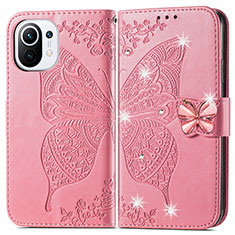 Leather Case Stands Butterfly Flip Cover Holder for Xiaomi Mi 11 Lite 5G Hot Pink