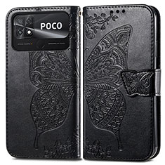 Leather Case Stands Butterfly Flip Cover Holder for Xiaomi Poco C40 Black