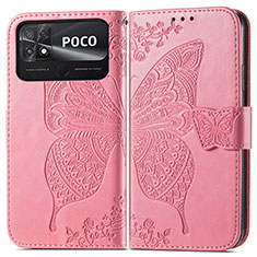 Leather Case Stands Butterfly Flip Cover Holder for Xiaomi Poco C40 Hot Pink