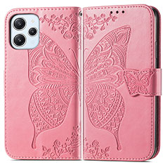 Leather Case Stands Butterfly Flip Cover Holder for Xiaomi Redmi 12 4G Hot Pink