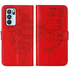 Leather Case Stands Butterfly Flip Cover Holder Y01B for Oppo Reno6 Pro 5G India Red