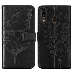 Leather Case Stands Butterfly Flip Cover Holder Y01B for Samsung Galaxy A20 Black